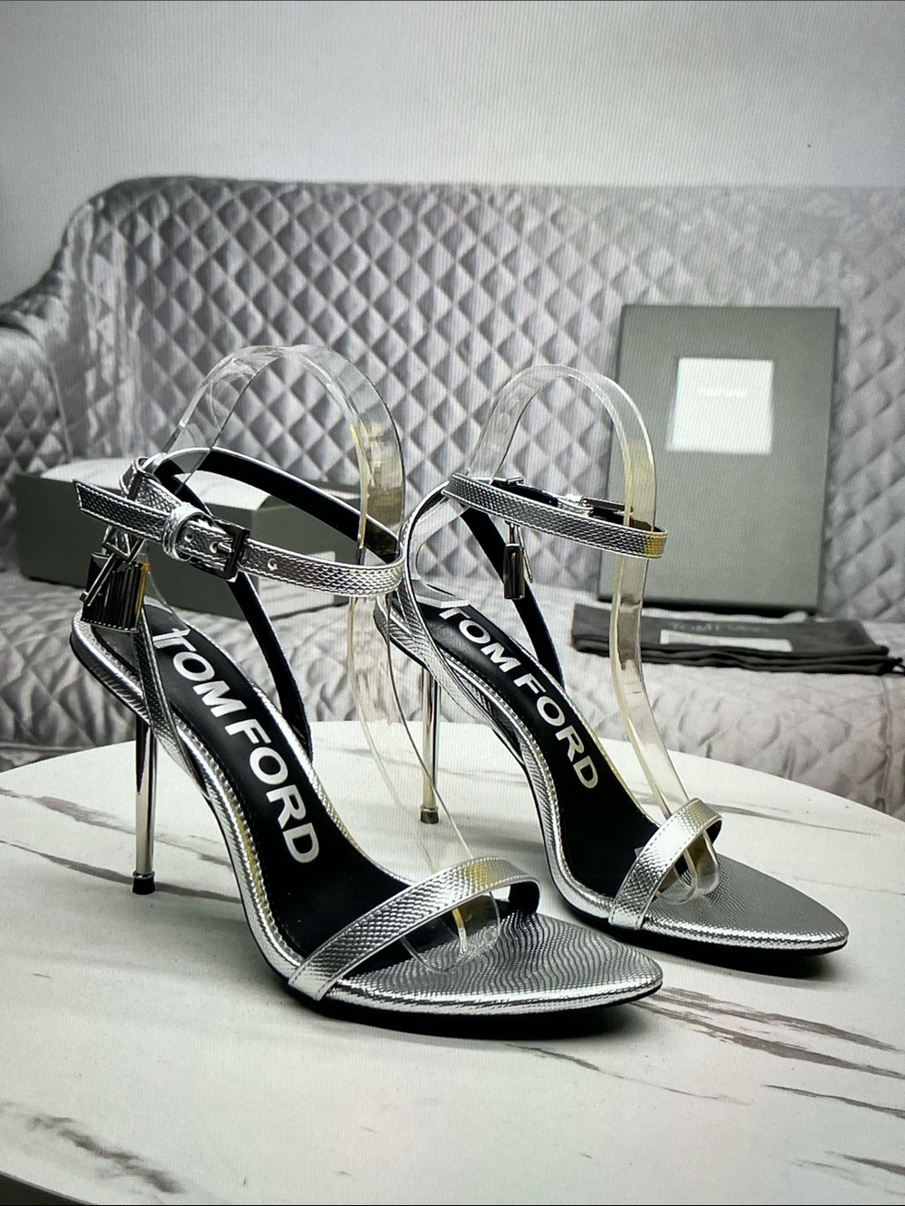 Tom Ford Silver Metallic Stiletto Sandals with Ankle Strap